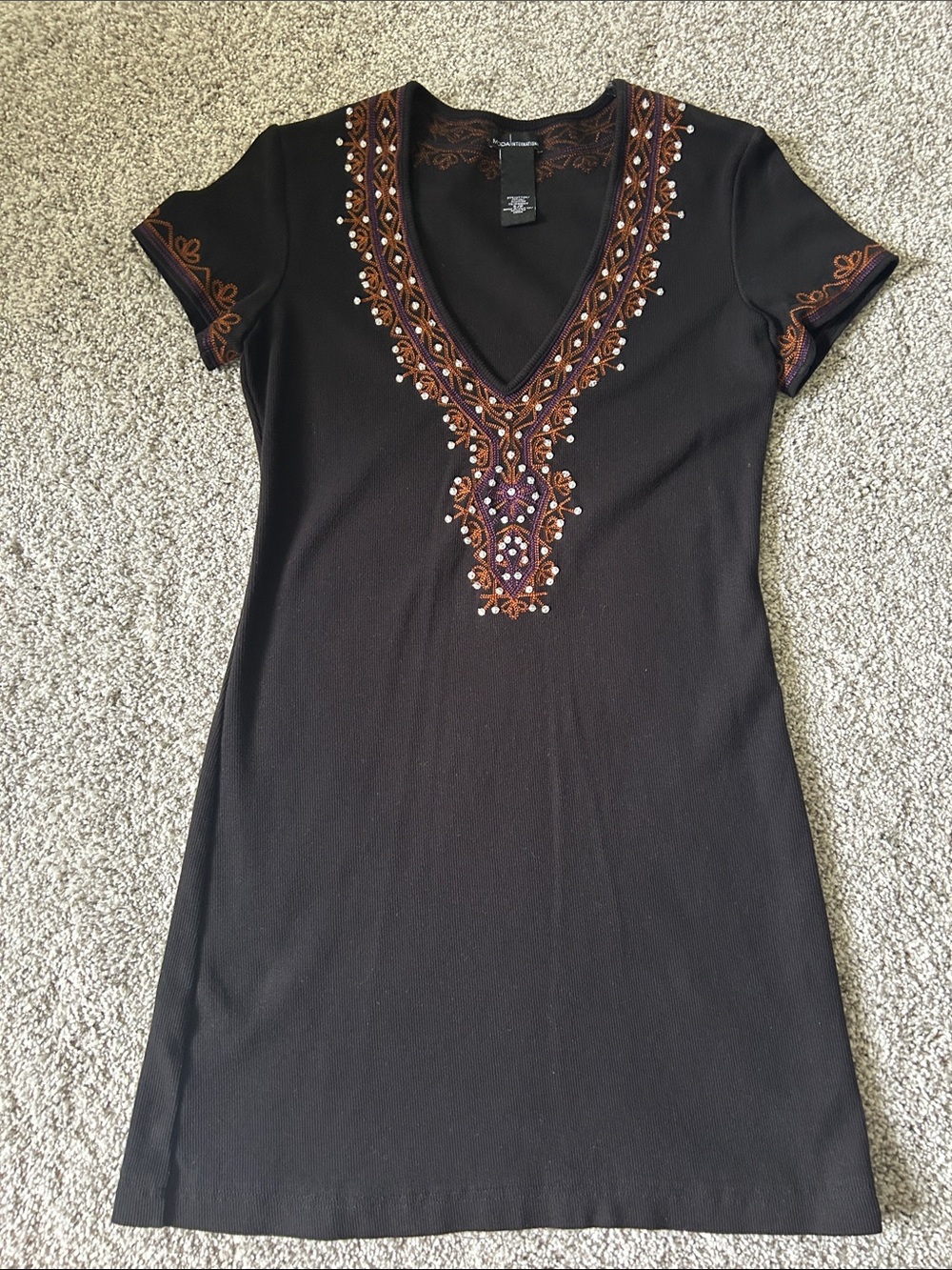 Modo International Black Embellished V-Neck Short Sleeve Dress